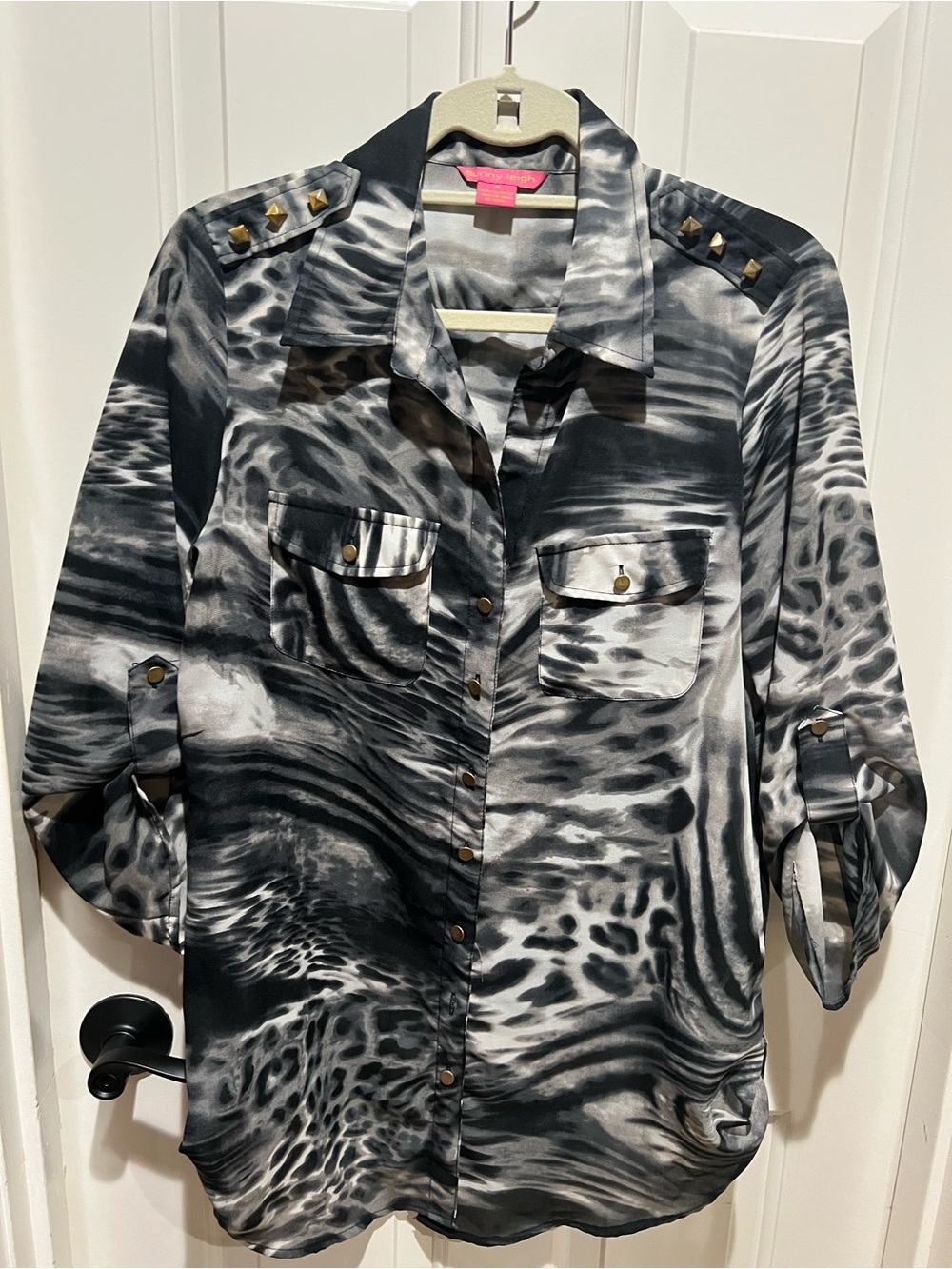 Sunny Leigh Abstract Animal Print Studded Epaulet Roll-Tab Button Down - Size M